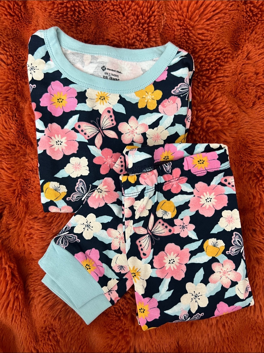 Kids Floral Butterfly Pajama Set - Navy with Pink & Yellow Flowers